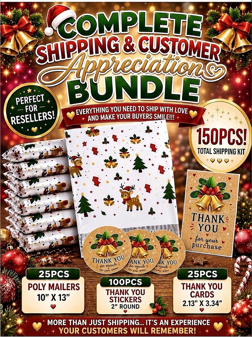 150PC Bundle~25 Poly Mailers, 25 Cards & 100 Stickers
